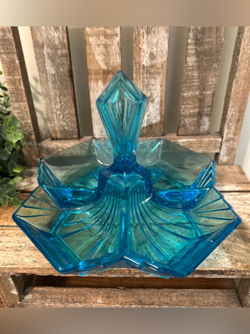 Tiara Indiana Glass Blue Art Deco Pyramid Handled 4 Part Relish Dish Tray